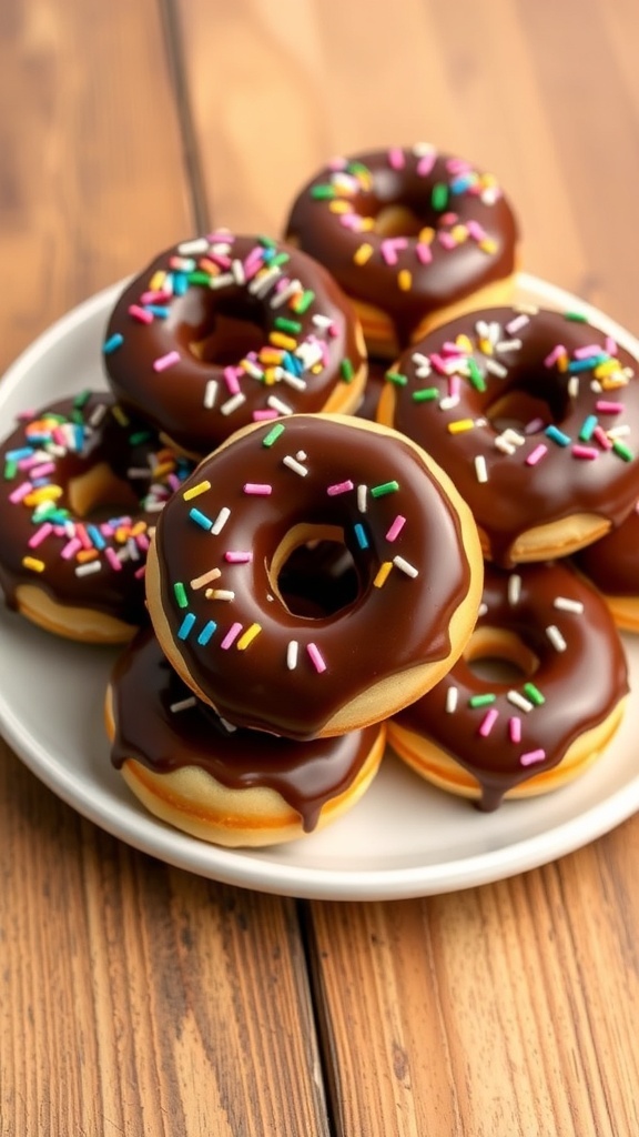 A plate of mini chocolate glazed donuts topped with sprinkles on a rustic wooden table.